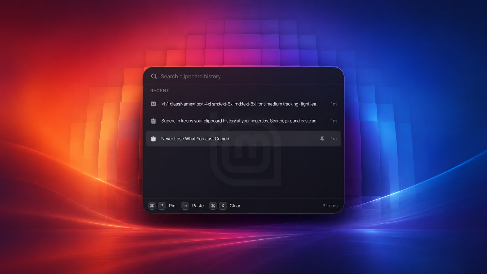 The Superclip window open over a desktop, showing a clipboard history search box above a list of recently copied text clips with one pinned to the top